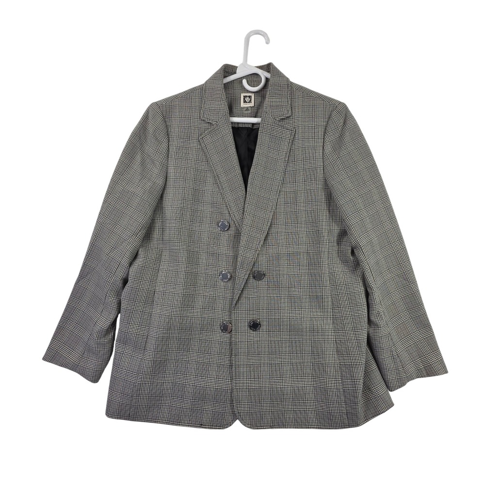 Anne Klein Womens XL Grey Glen Plaid Double Breasted Blazer Dark Academia Office